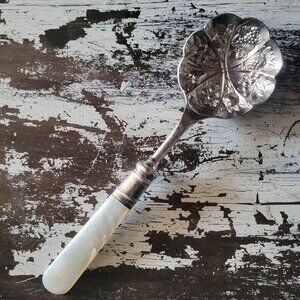 Vintage Silverplate Berry Spoon w/ Embossed Fruit Motifs Mother-Of-Pearl Handle